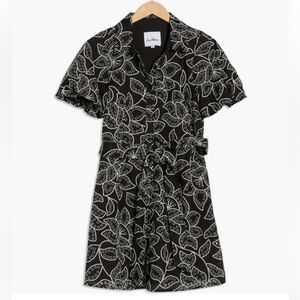 NWT Sam Edelman Black and White Floral Midi Shirt Dress With Puffy Sleeves
